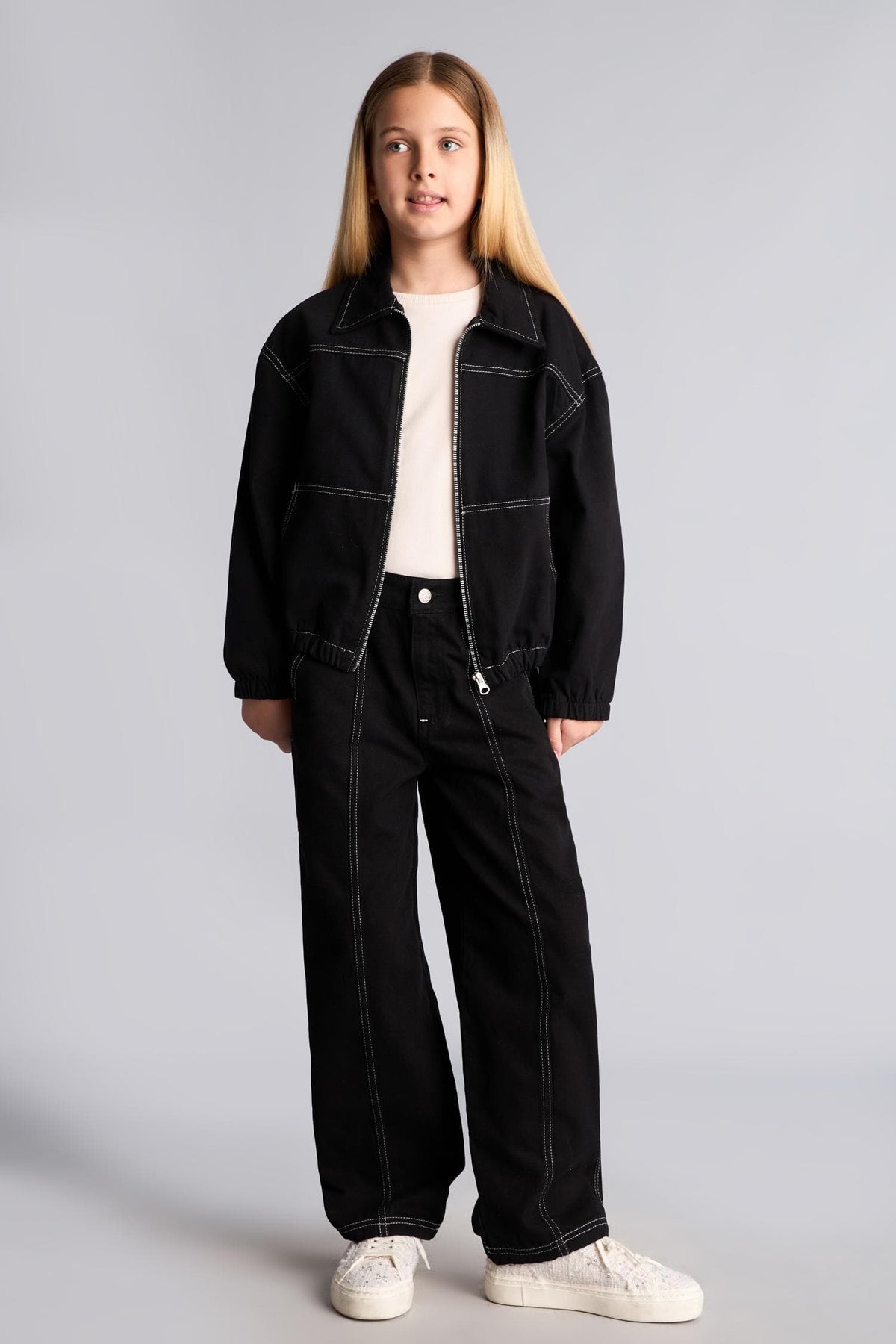 100% Cotton Contrast Stitched Barrel Fit Stretch Strappy Leg Gabardine Pants Girls