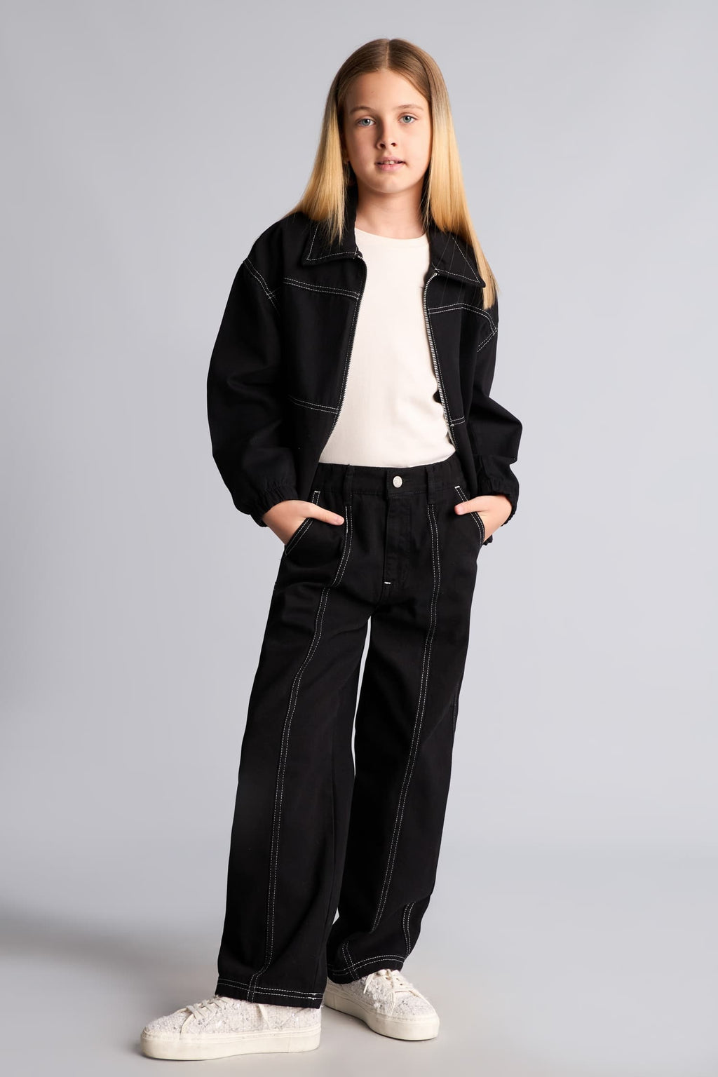 100% Cotton Contrast Stitched Barrel Fit Stretch Strappy Leg Gabardine Pants Girls