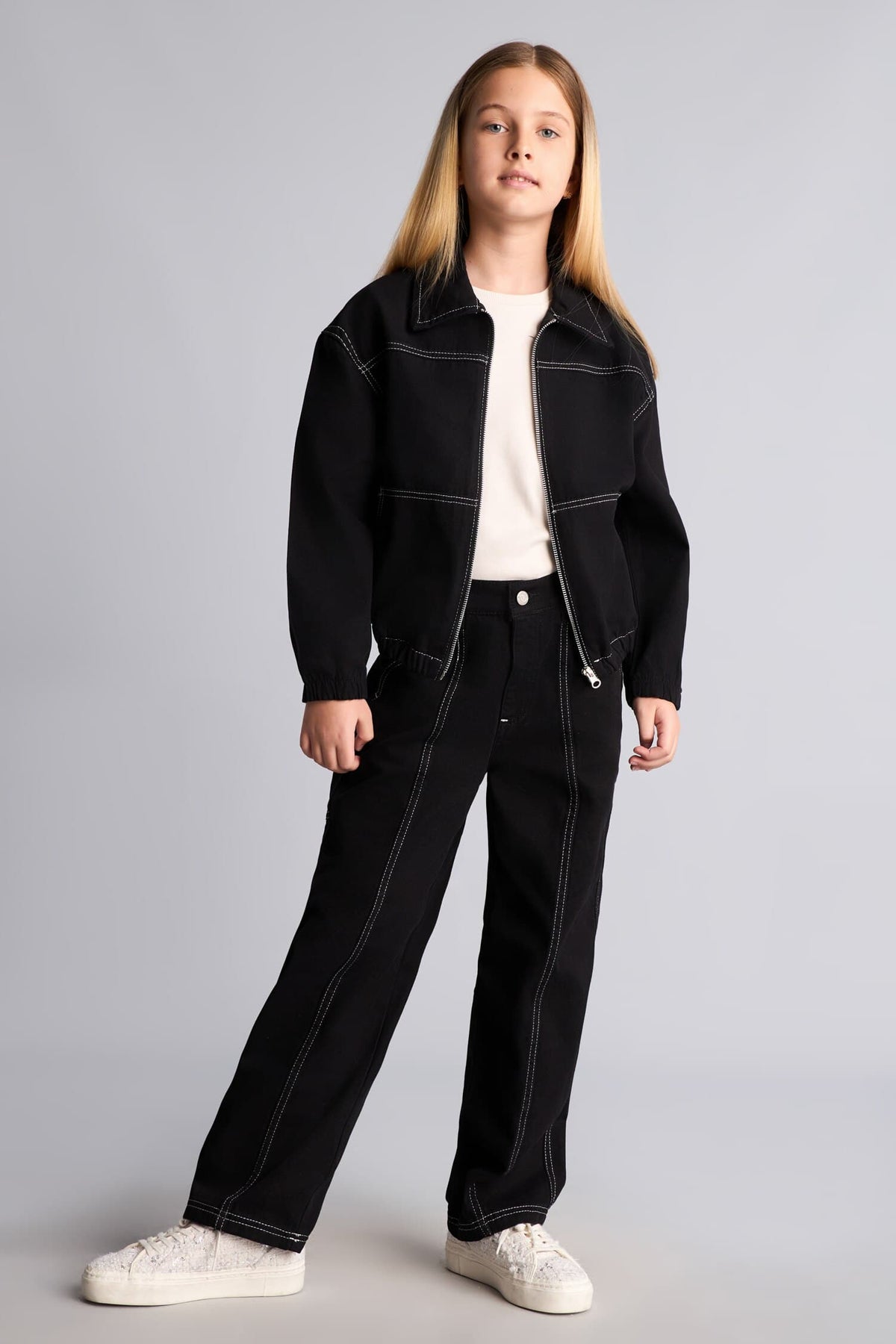 100% Cotton Contrast Stitched Barrel Fit Stretch Strappy Leg Gabardine Pants Girls