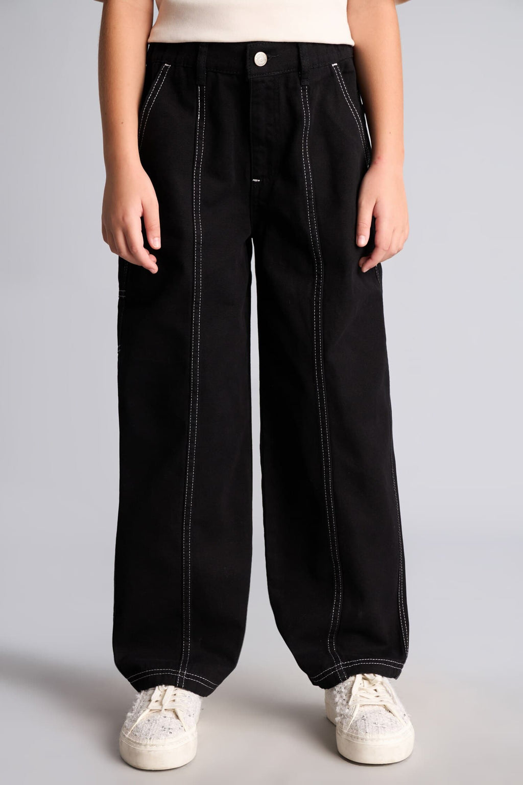 100% Cotton Contrast Stitched Barrel Fit Stretch Strappy Leg Gabardine Pants Girls