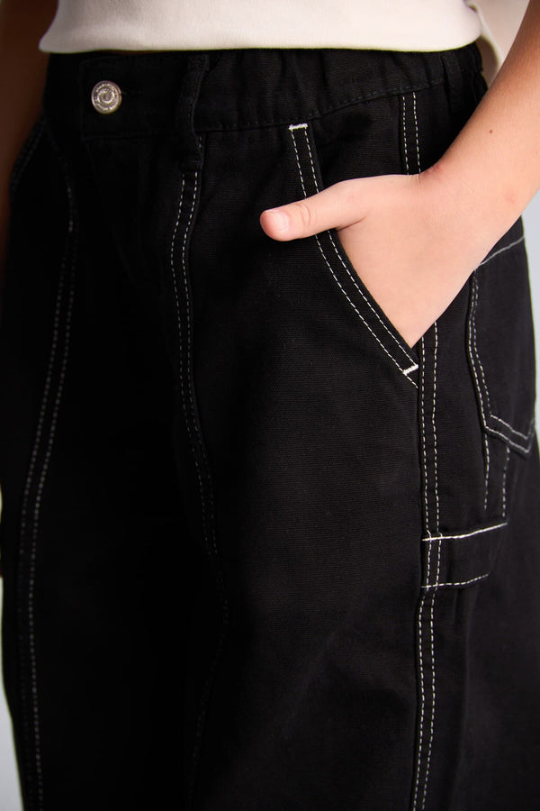 100% Cotton Contrast Stitched Barrel Fit Stretch Strappy Leg Gabardine Pants Girls