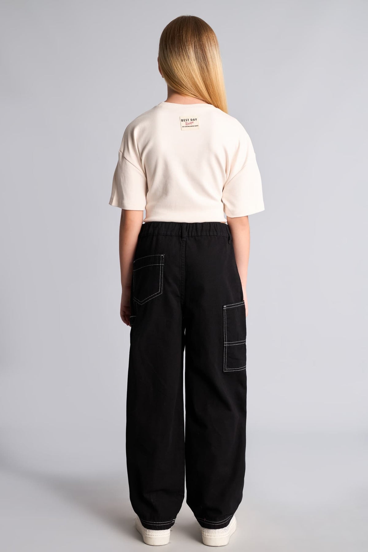 100% Cotton Contrast Stitched Barrel Fit Stretch Strappy Leg Gabardine Pants Girls