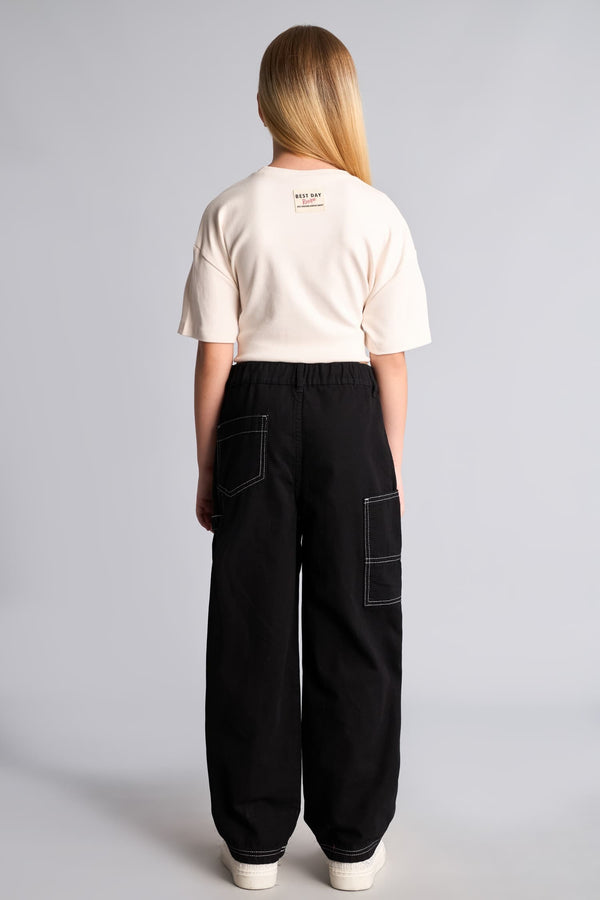 100% Cotton Contrast Stitched Barrel Fit Stretch Strappy Leg Gabardine Pants Girls