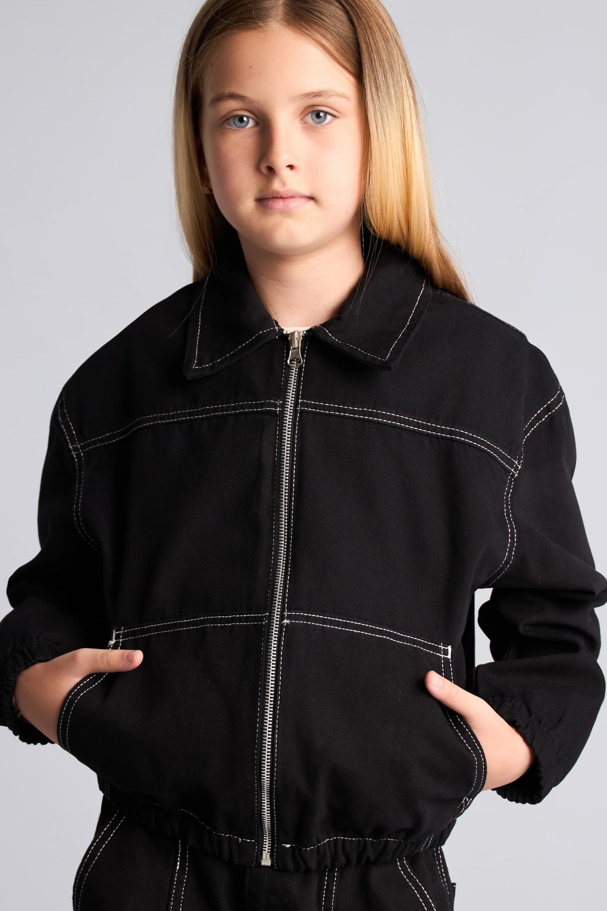 100% Cotton Shirt Collar Zipper and Contrast Stitched Gabardine Shirt Jacket Girls Main image
