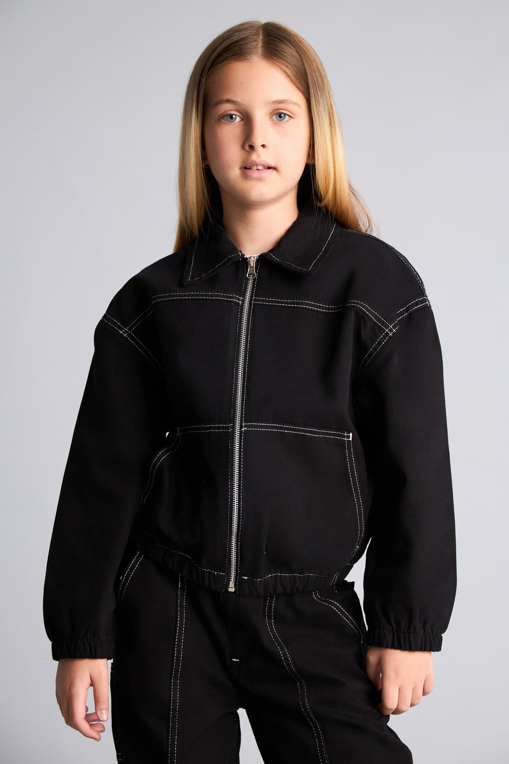 100% Cotton Shirt Collar Zipper and Contrast Stitched Gabardine Shirt Jacket Girls