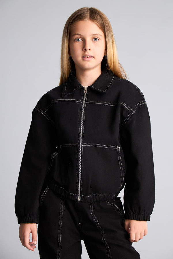 100% Cotton Shirt Collar Zipper and Contrast Stitched Gabardine Shirt Jacket Girls