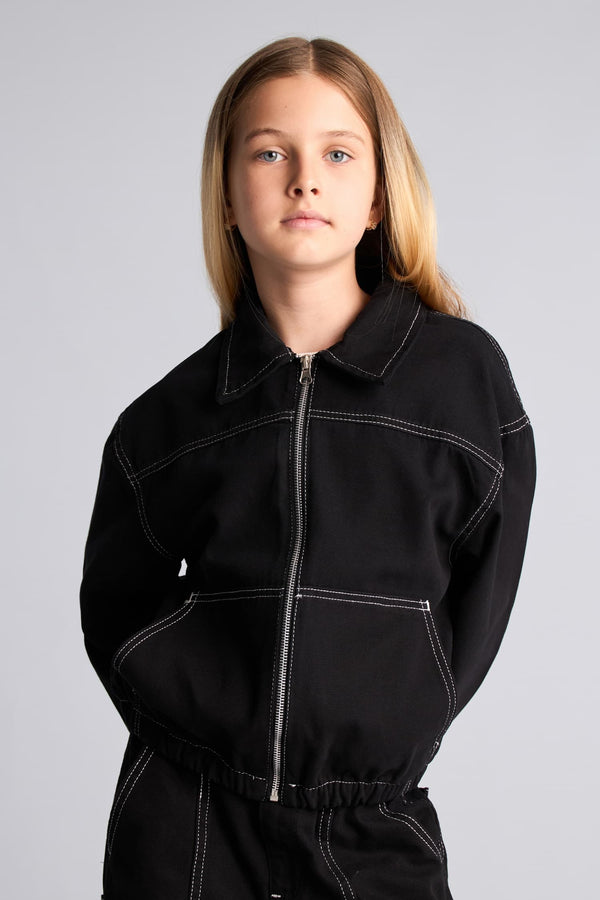 100% Cotton Shirt Collar Zipper and Contrast Stitched Gabardine Shirt Jacket Girls
