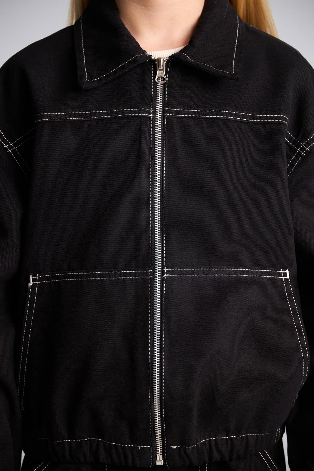 100% Cotton Shirt Collar Zipper and Contrast Stitched Gabardine Shirt Jacket Girls