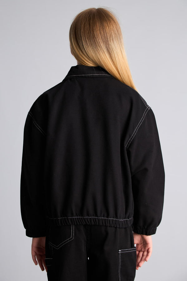 100% Cotton Shirt Collar Zipper and Contrast Stitched Gabardine Shirt Jacket Girls
