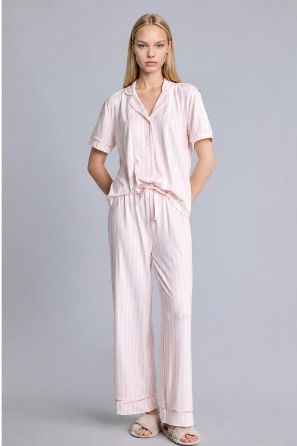 Regular Fit Short Sleeve 2-Piece Softshell Pink Pajama Set