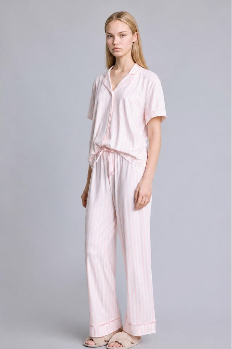 Regular Fit Short Sleeve 2-Piece Softshell Pink Pajama Set