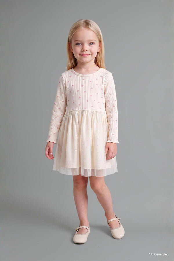Cotton Embroidered Long Sleeve Ribbed Light Pink Dress Baby Girl