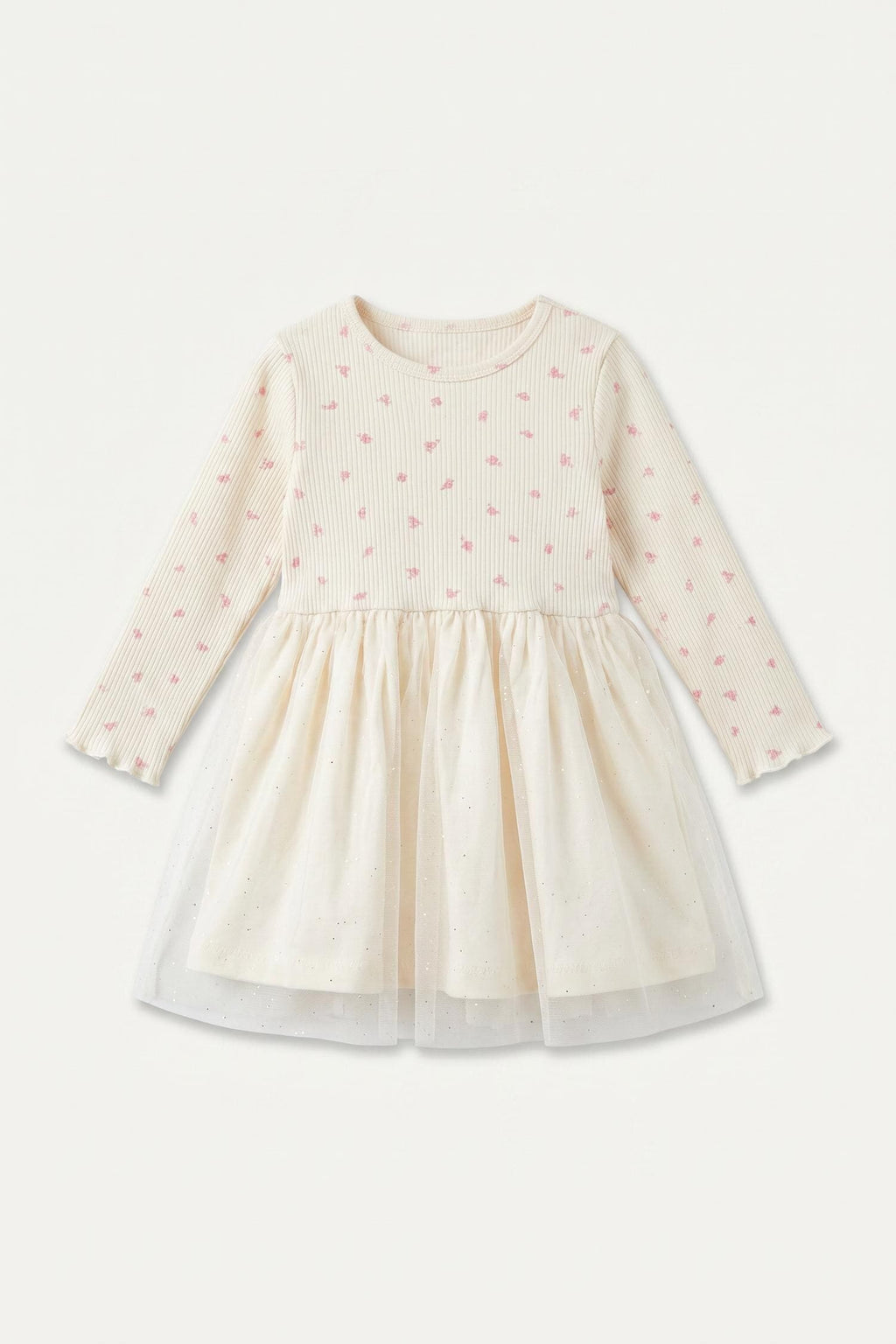 Cotton Embroidered Long Sleeve Ribbed Light Pink Dress Baby Girl