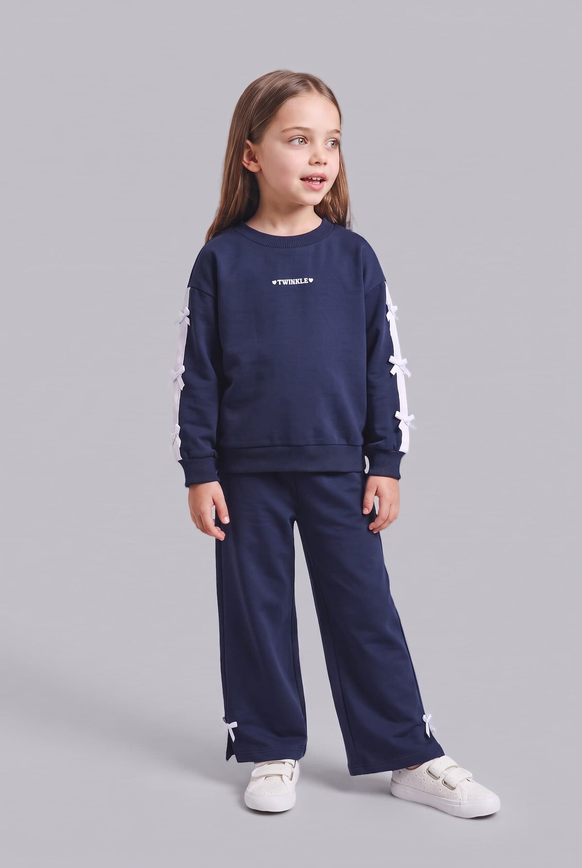 100% Cotton Bow Detailed Printed Basic Sweatshirt Top Wide Cut Bottom 2 Set Baby Girl Main image