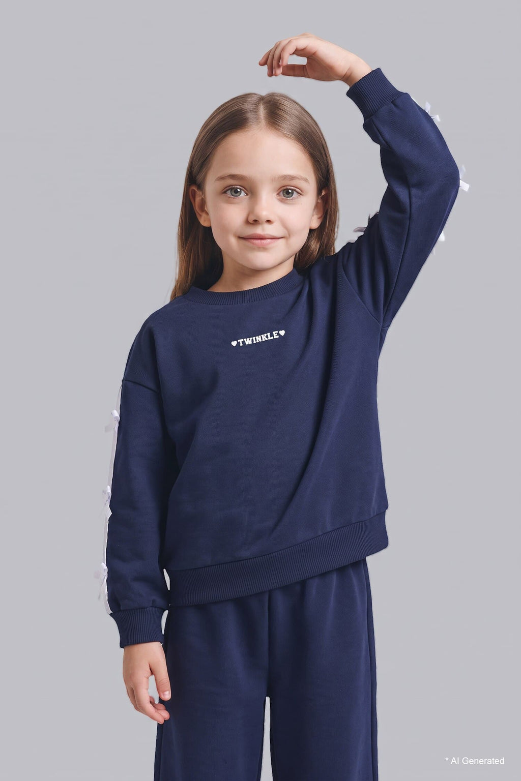 100% Cotton Bow Detailed Printed Basic Sweatshirt Top Wide Cut Bottom 2 Set Baby Girl