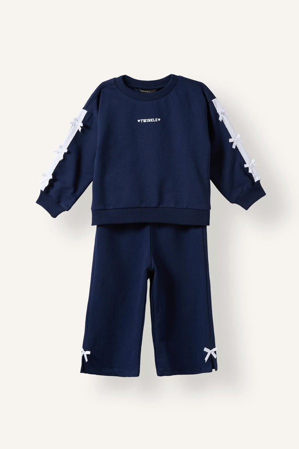 100% Cotton Bow Detailed Printed Basic Sweatshirt Top Wide Cut Bottom 2 Set Baby Girl