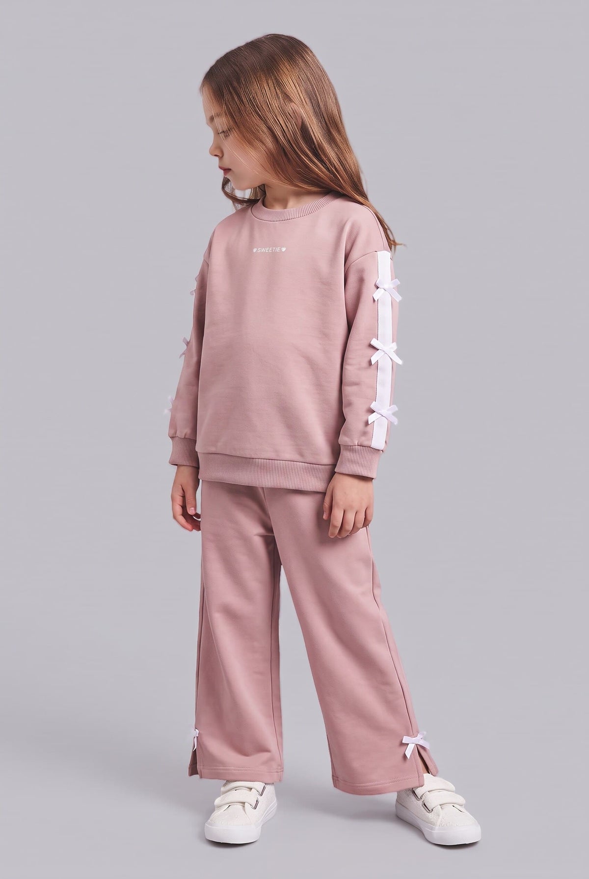 100% Cotton Bow Detailed Printed Basic Sweatshirt Top Wide Cut Bottom 2 Set Baby Girl Main image