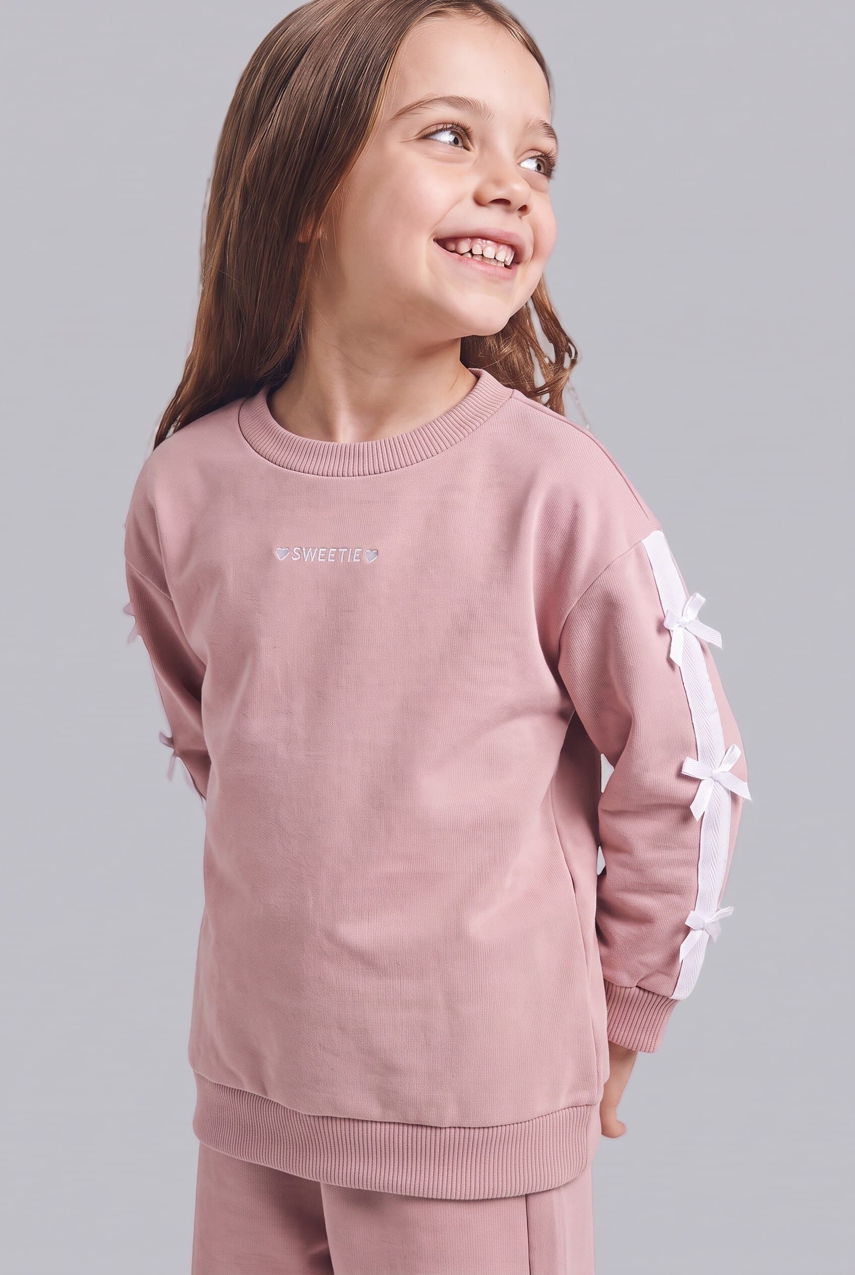100% Cotton Bow Detailed Printed Basic Sweatshirt Top Wide Cut Bottom 2 Set Baby Girl Secondary image