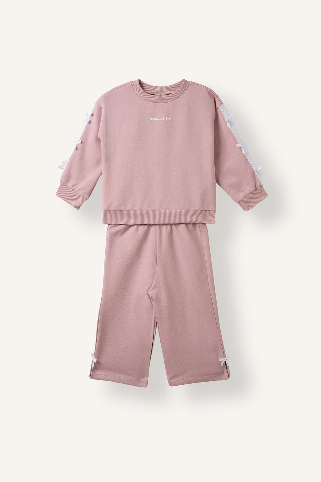 100% Cotton Bow Detailed Printed Basic Sweatshirt Top Wide Cut Bottom 2 Set Baby Girl