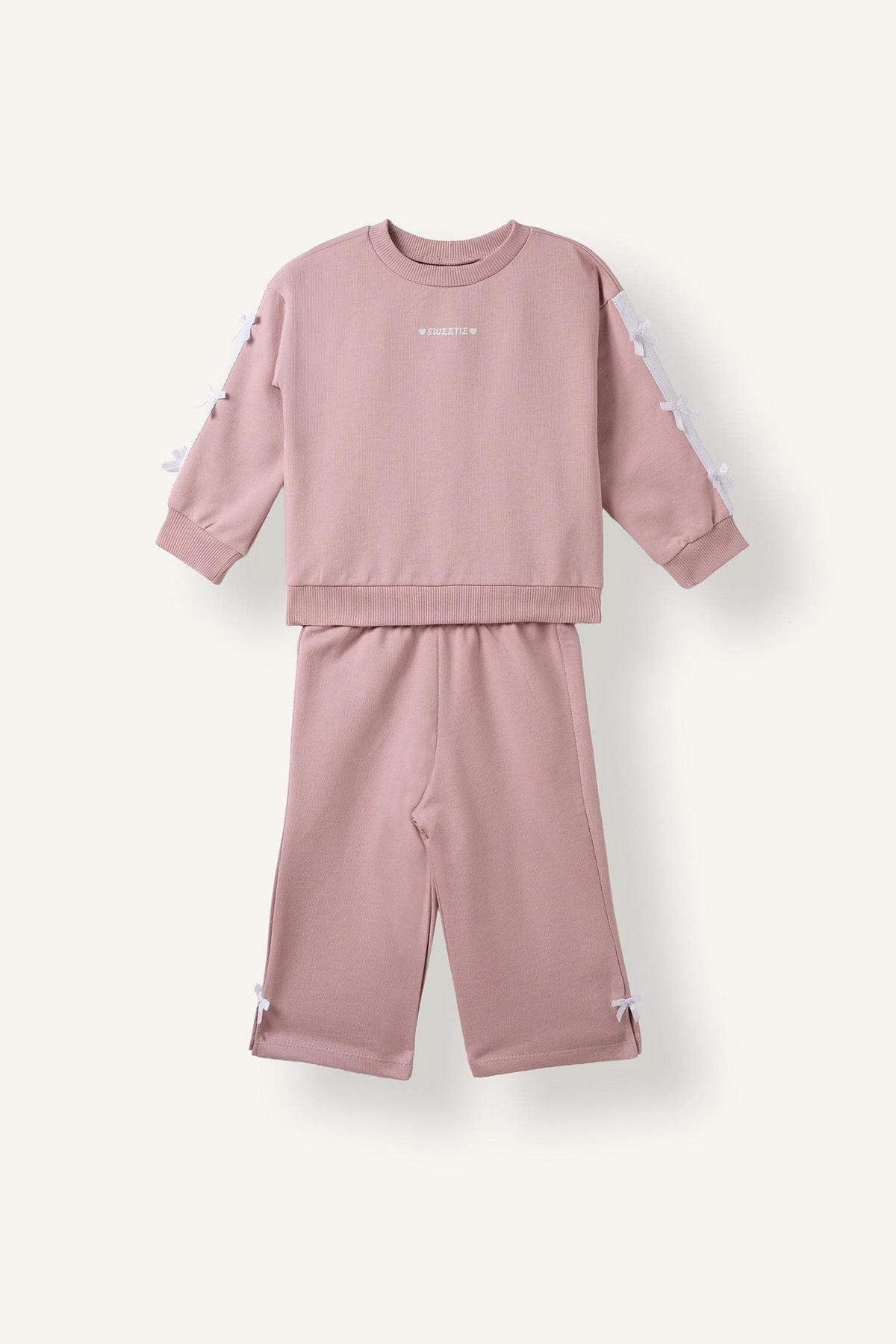 100% Cotton Bow Detailed Printed Basic Sweatshirt Top Wide Cut Bottom 2 Set Baby Girl
