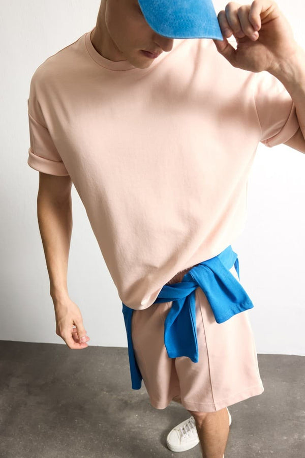Boxy Fit Crew Neck Off Shoulder Rolled Sleeve Basic T-Shirt