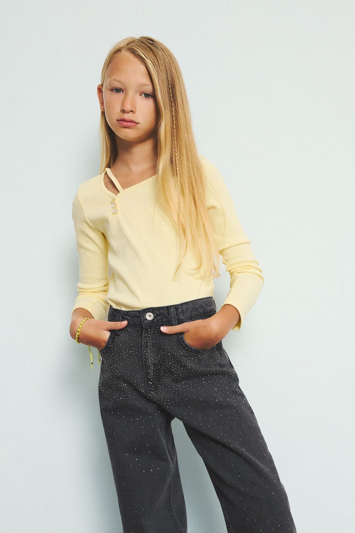 Cotton Boat Neck Rib Long Sleeve Light Yellow T-Shirt Girls