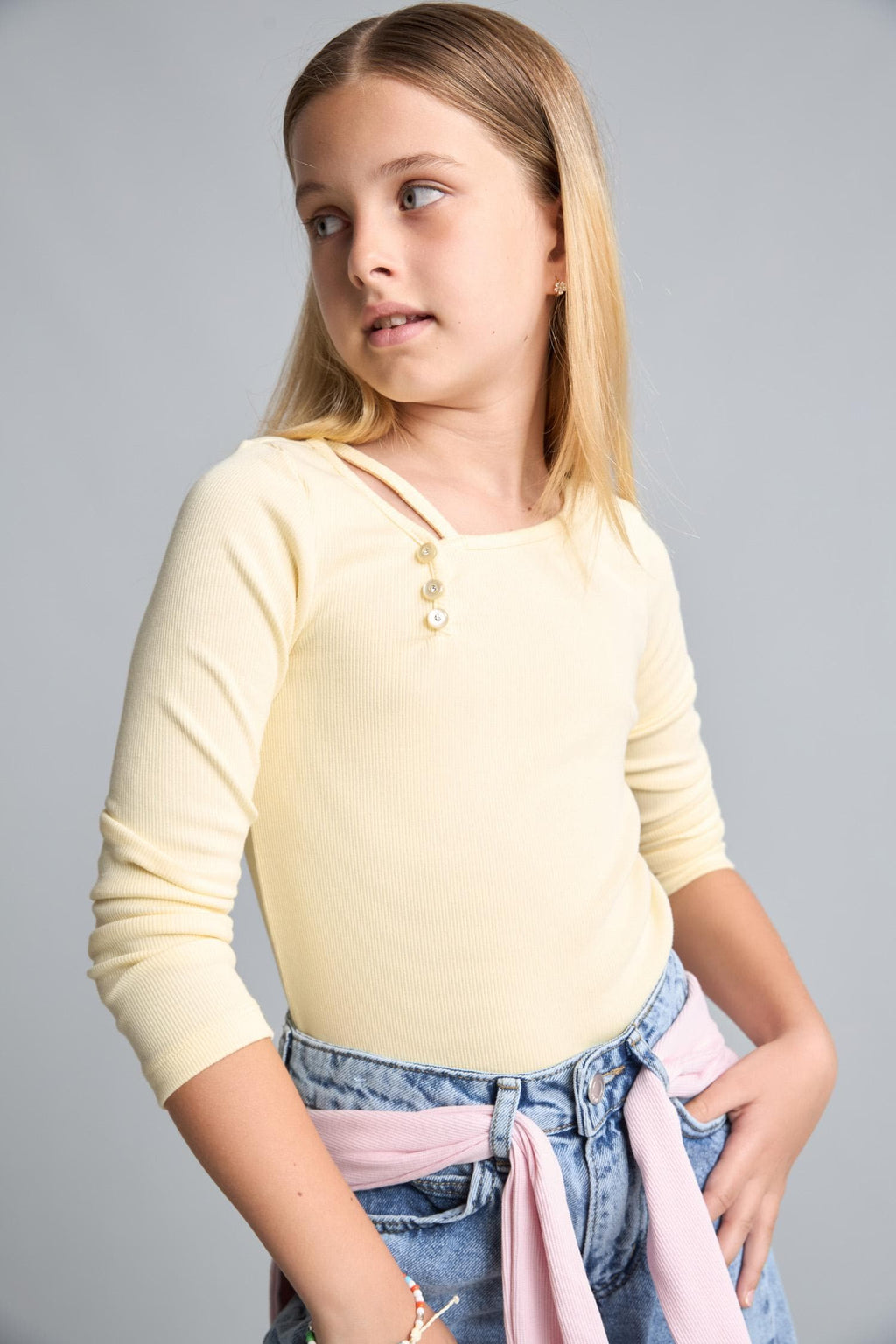 Cotton Boat Neck Rib Long Sleeve Light Yellow T-Shirt Girls