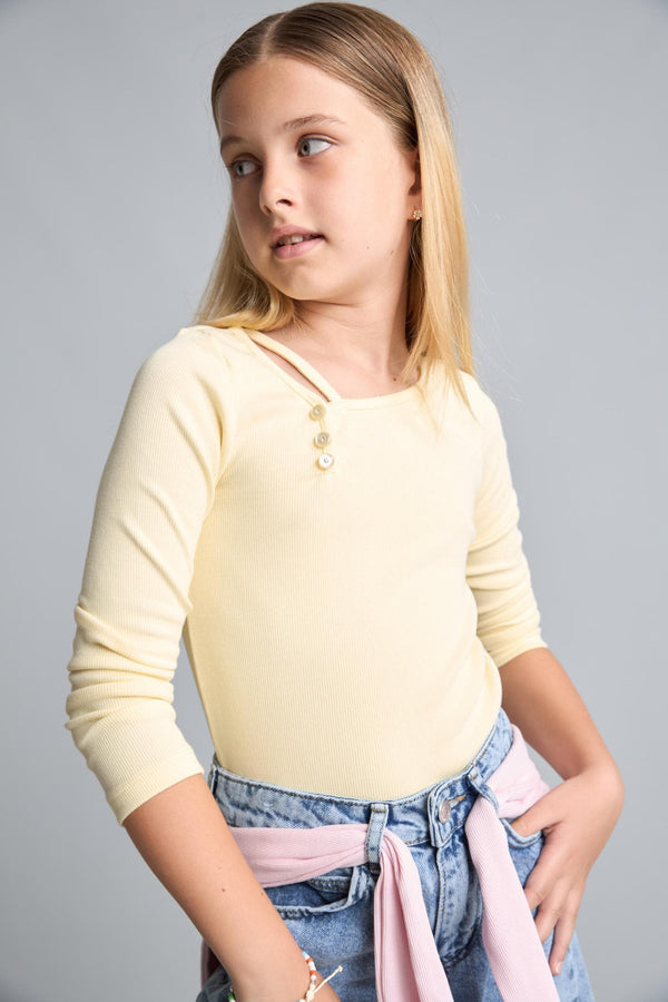 Cotton Boat Neck Rib Long Sleeve Light Yellow T-Shirt Girls