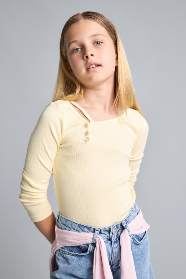 Cotton Boat Neck Rib Long Sleeve Light Yellow T-Shirt Girls