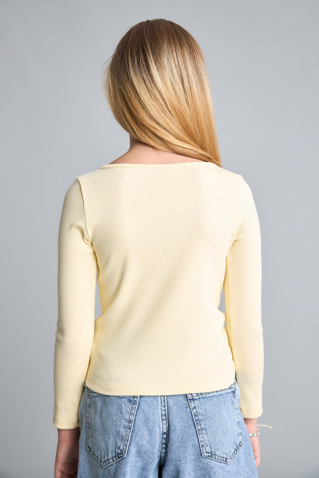 Cotton Boat Neck Rib Long Sleeve Light Yellow T-Shirt Girls