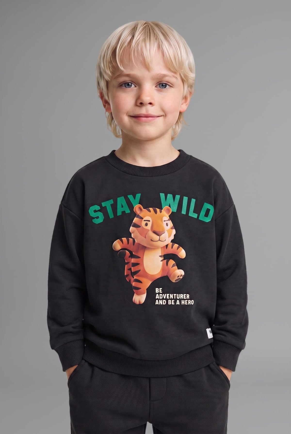 100% Cotton Oversize Tiger Printed and Written Long Sleeve Sweatshirt Baby Boy