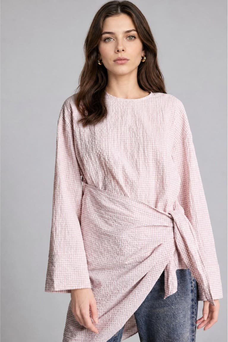 Cotton Regular Fit Wrinkle Textured Fabric Long Sleeve Tunic