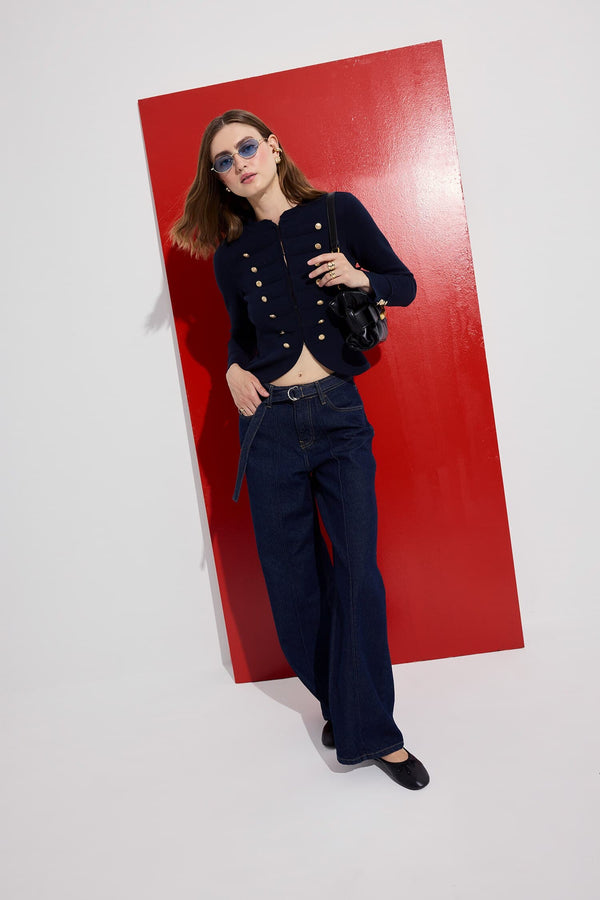 Fitted Crew Neck Zippered Crop Navy Blue Napoleon Cardigan