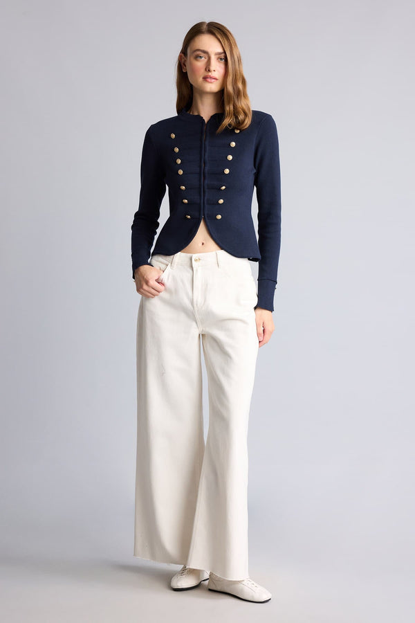 Fitted Crew Neck Zippered Crop Navy Blue Napoleon Cardigan
