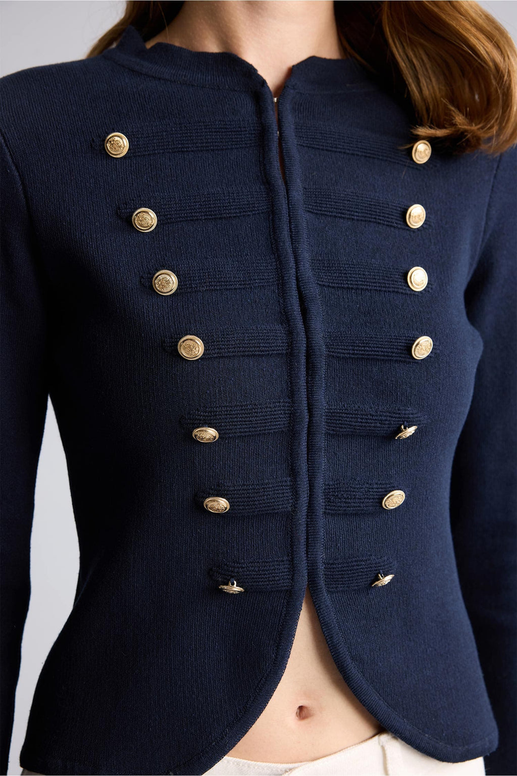 Fitted Crew Neck Zippered Crop Navy Blue Napoleon Cardigan