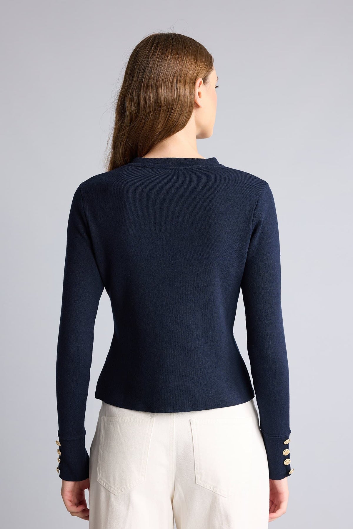 Fitted Crew Neck Zippered Crop Navy Blue Napoleon Cardigan