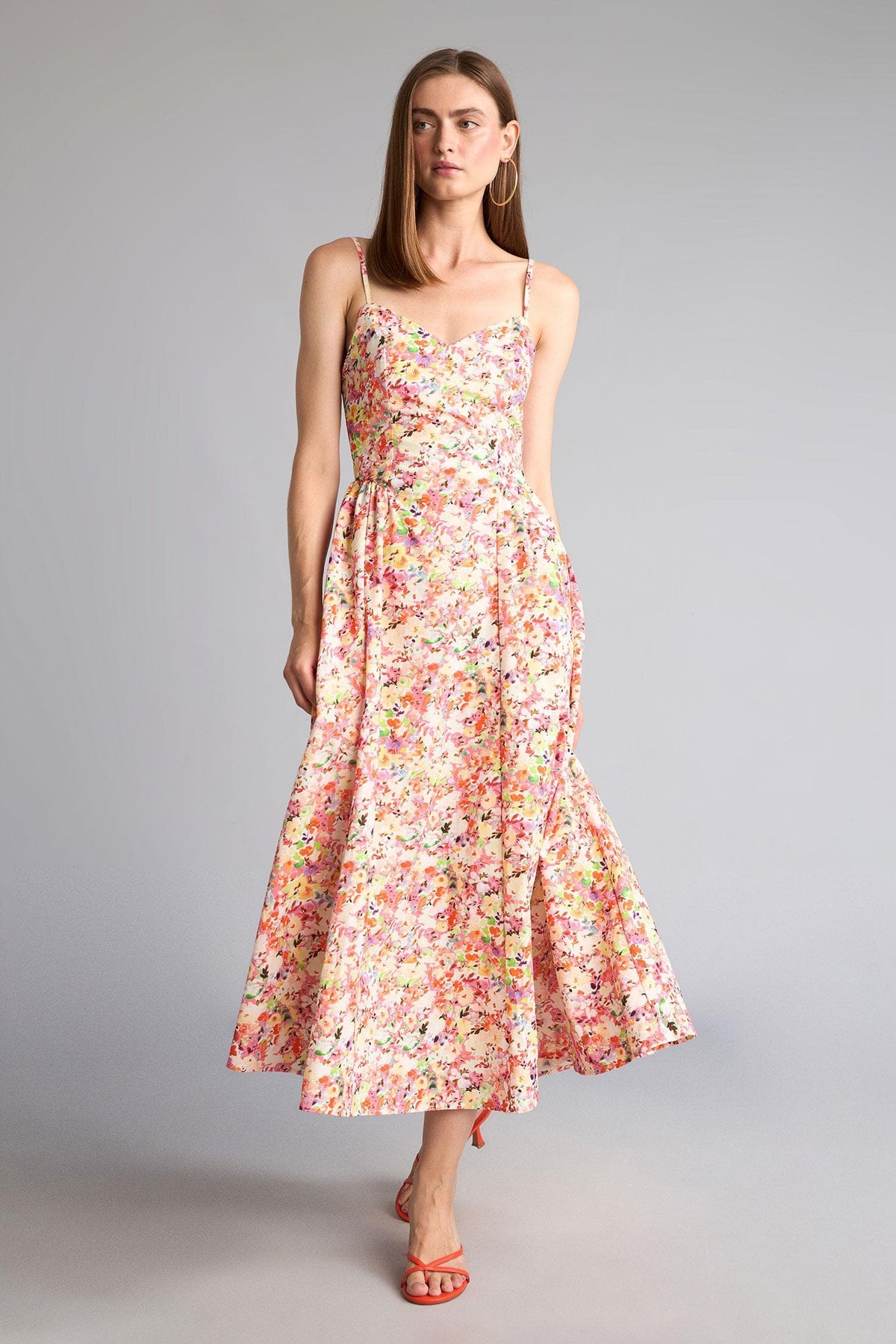100% Cotton Floral Strappy Midi Dress