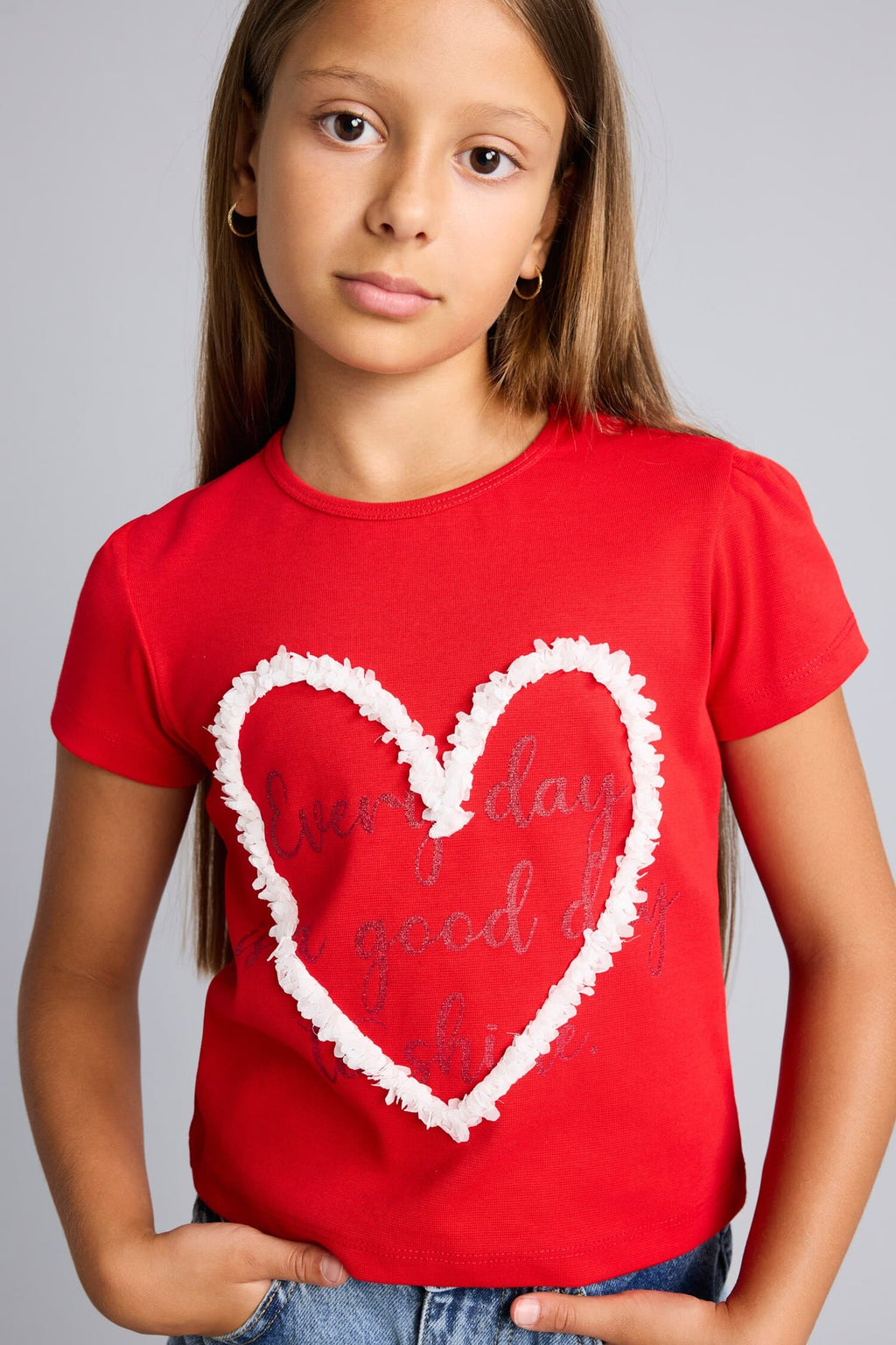 Regular Crew Neck Heart Printed Short Sleeve T-Shirt Girls