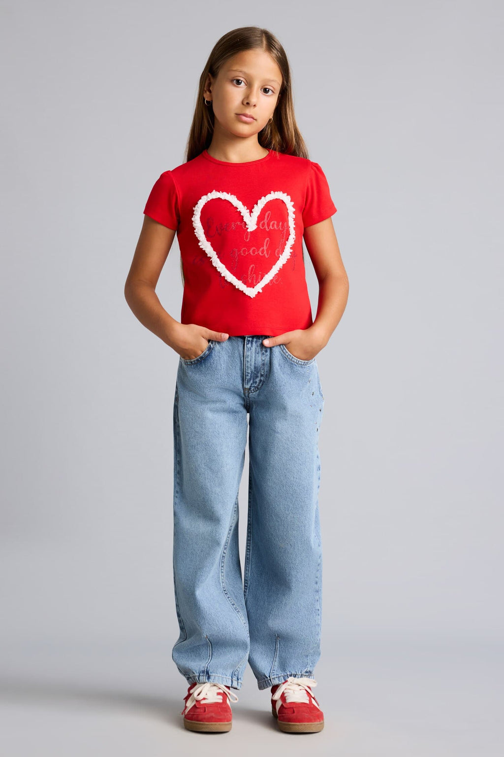 Regular Crew Neck Heart Printed Short Sleeve T-Shirt Girls