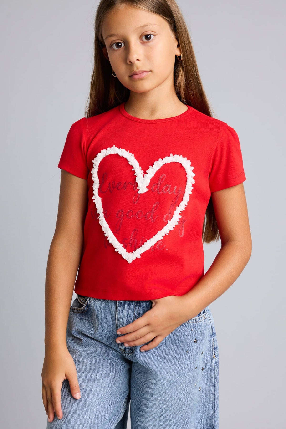 Regular Crew Neck Heart Printed Short Sleeve T-Shirt Girls