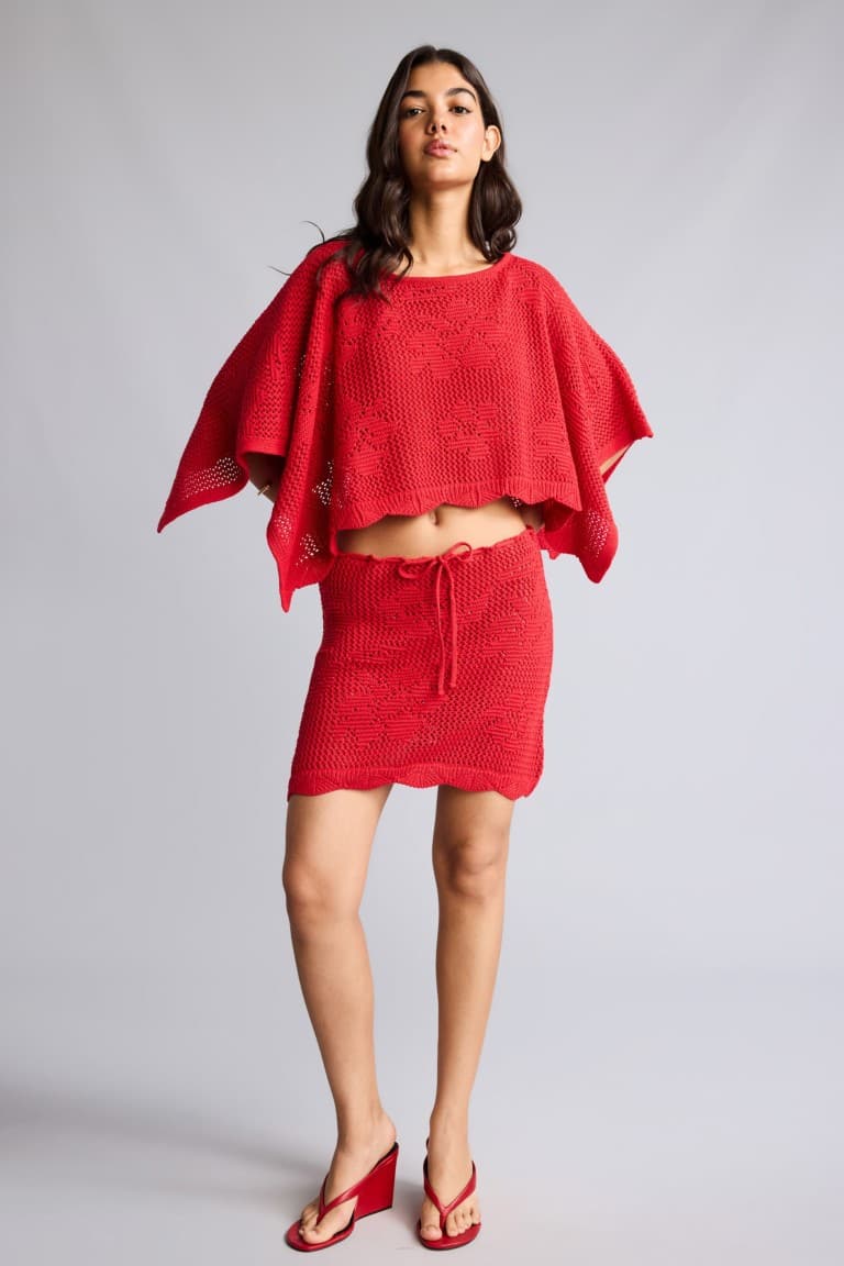 A-Line Gathered Lace-Up Waist Red Mini Skirt