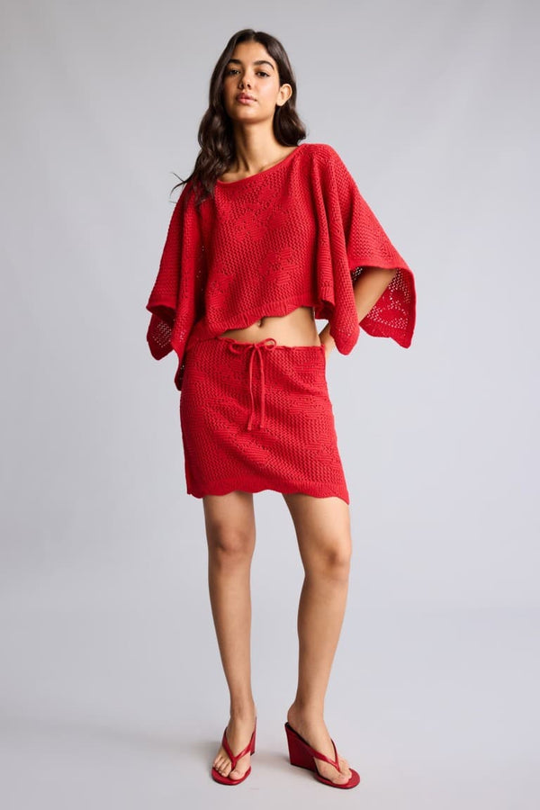 A-Line Gathered Lace-Up Waist Red Mini Skirt
