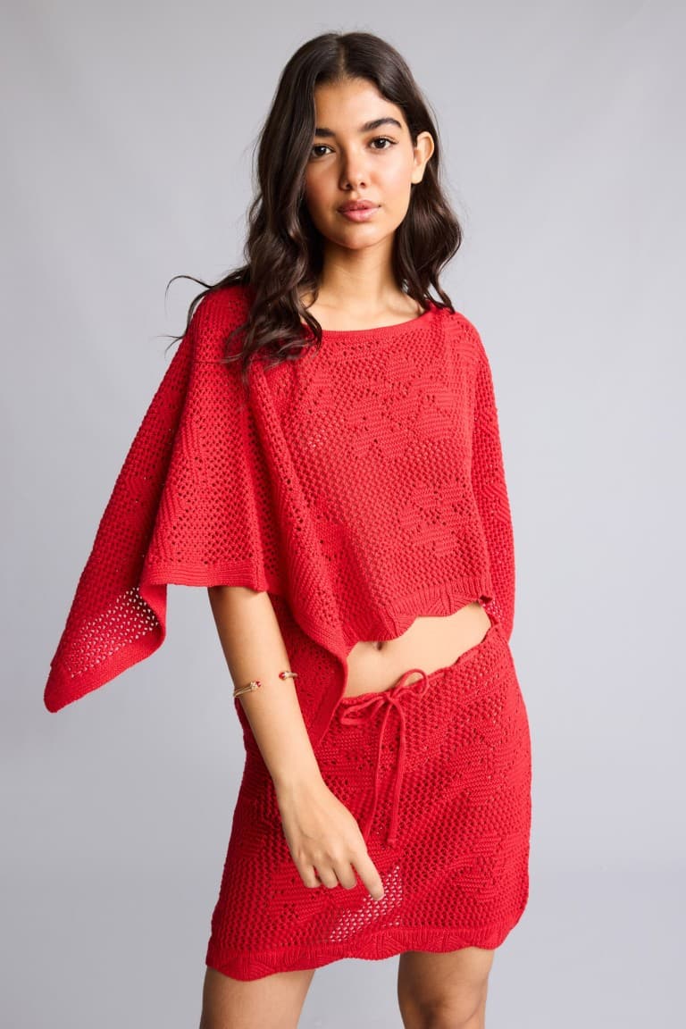 A-Line Gathered Lace-Up Waist Red Mini Skirt