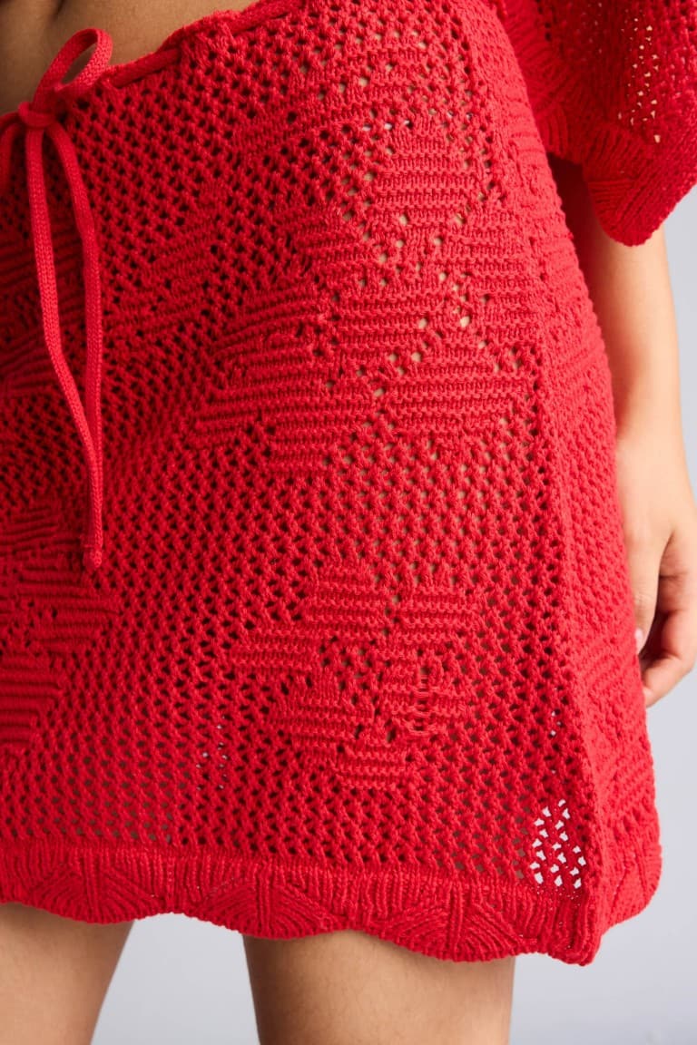 A-Line Gathered Lace-Up Waist Red Mini Skirt