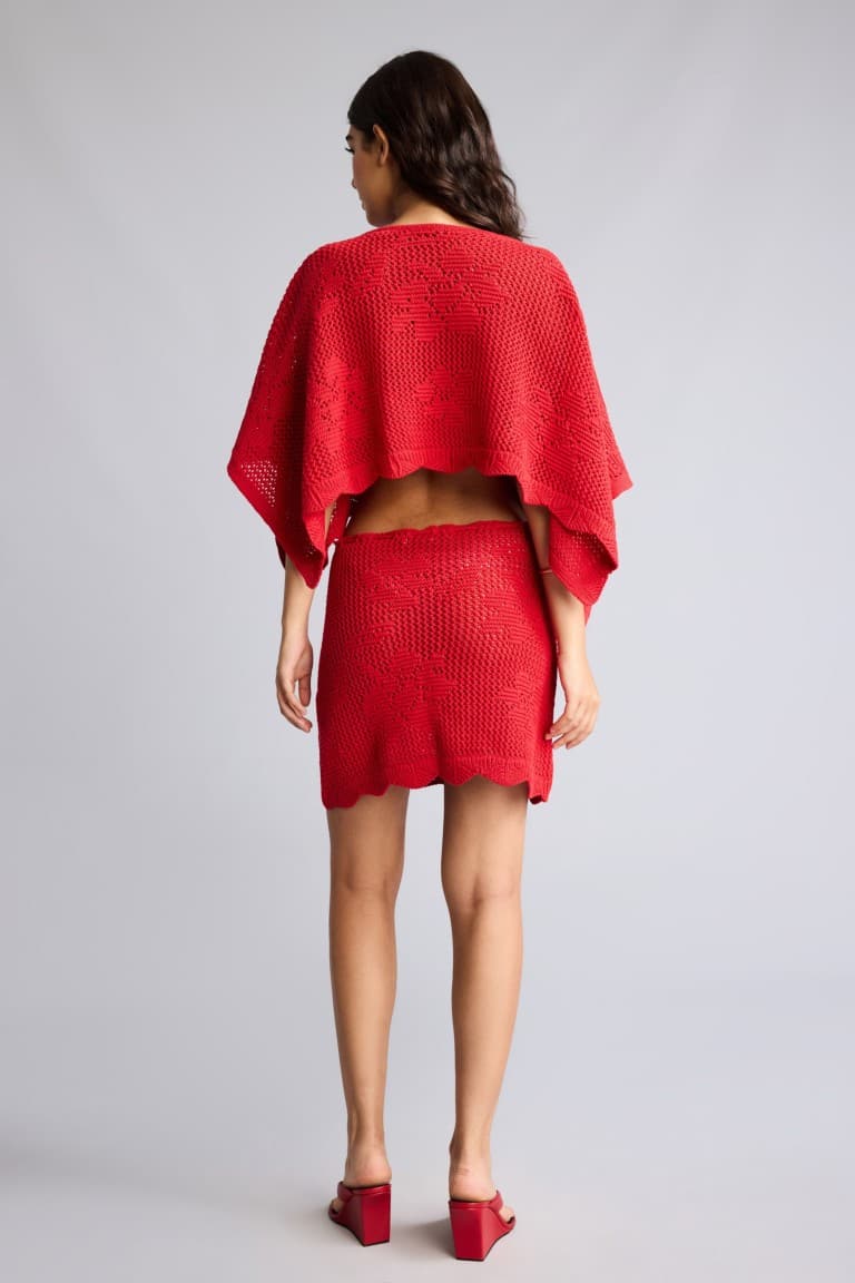 A-Line Gathered Lace-Up Waist Red Mini Skirt