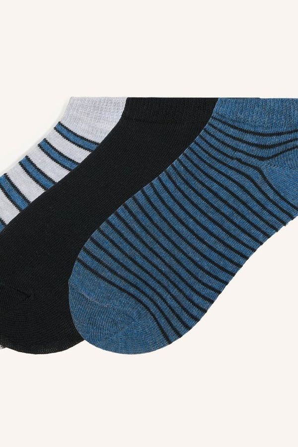 3 Pack Striped and Plain Patterned Cotton Booties Socks for Boys
