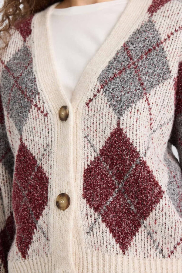 Oversize Wide Fit V-Neck Diamond Pattern Buttoned Knit Cardigan