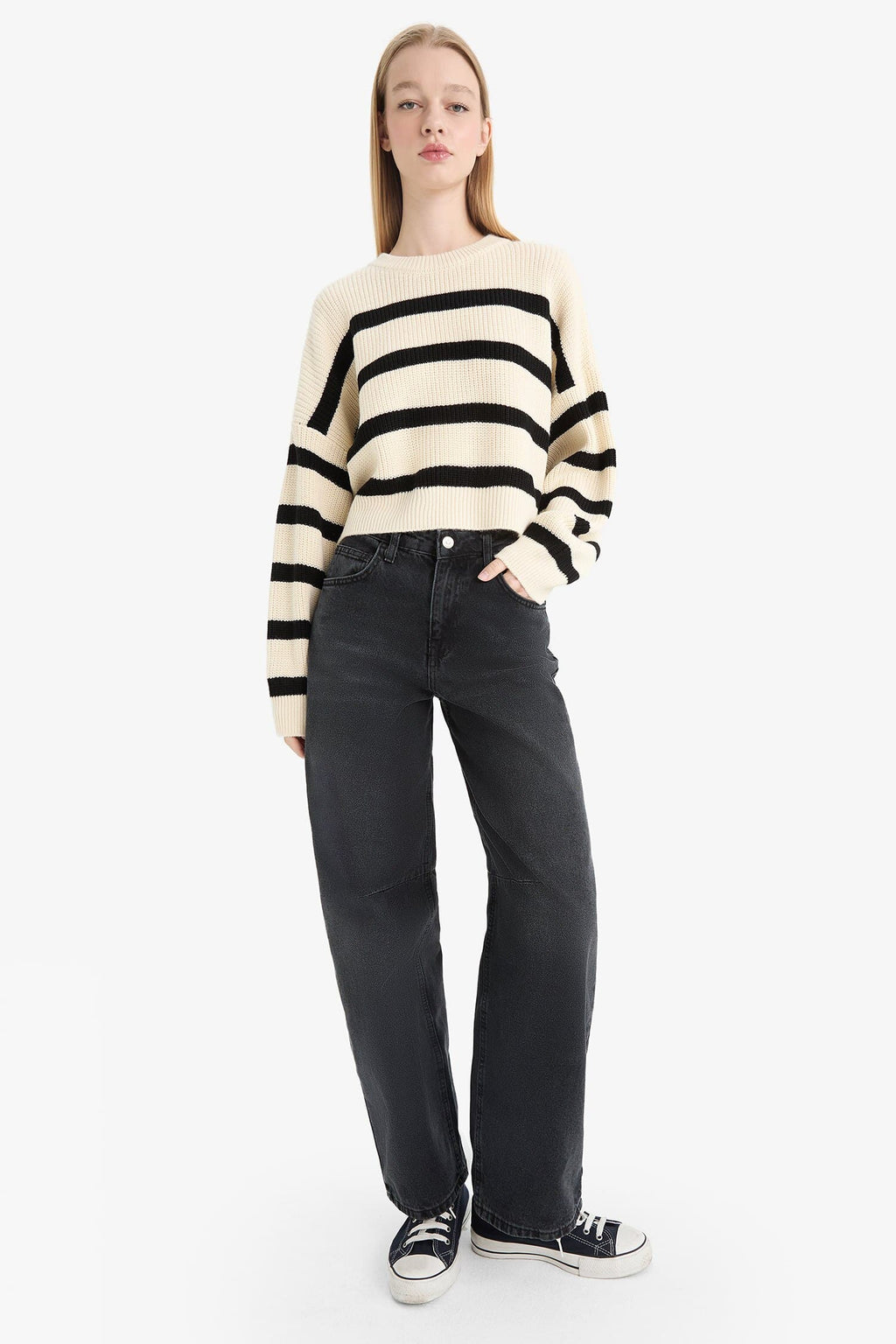 Oversize Wide Pattern Crew Neck Striped Knitwear Sweater