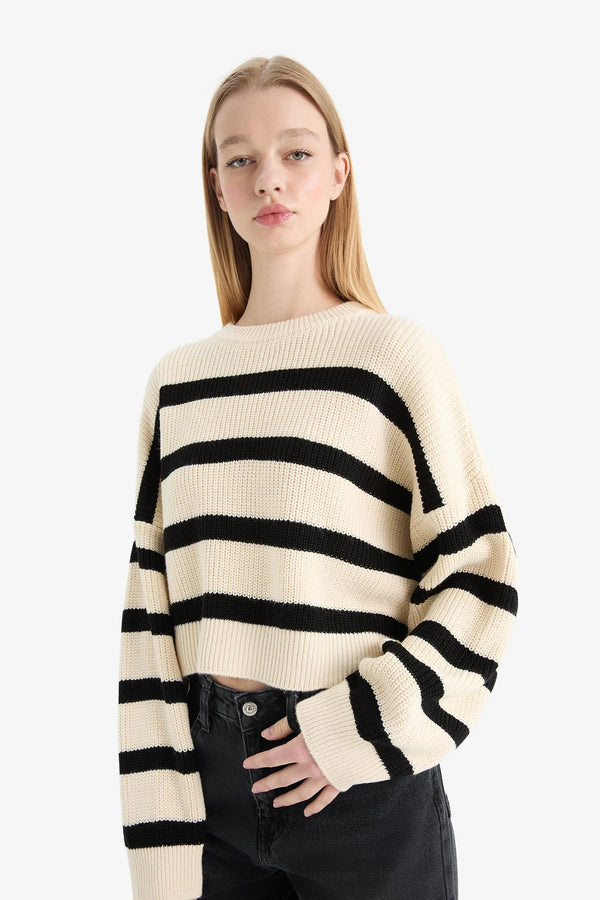 Oversize Wide Pattern Crew Neck Striped Knitwear Sweater