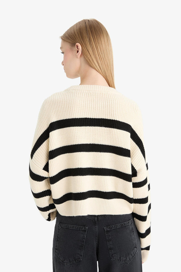Oversize Wide Pattern Crew Neck Striped Knitwear Sweater